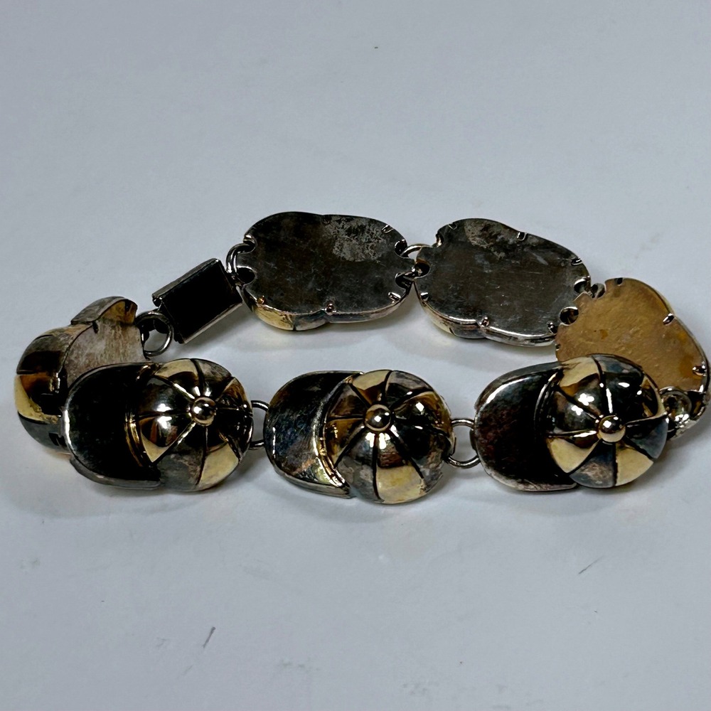 Vintage Two Tone Baseball Cap Novelty Link Bracelet Silver Gold Tone 7.5 Inch